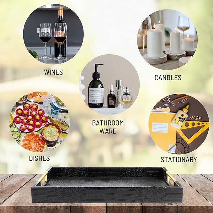 ATZYmolin 17"x12" Leather Serving Tray, Gold Handle Vanity Platter, Black