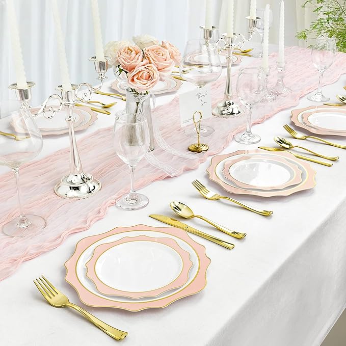 realluck 100Pcs White & Pink Plastic Plates for 50 Guests