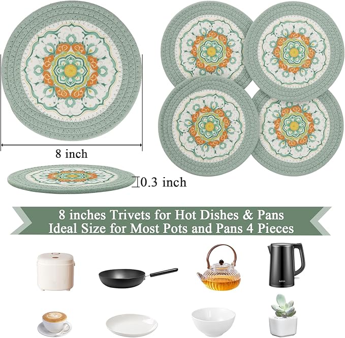 SHACOS Sage Green 8 Inches Trivets for Hot Dishes, 4 Pieces