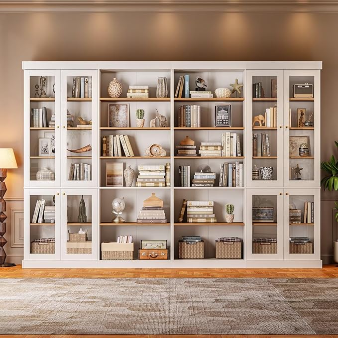 ivaniti 70.8" Tall Farmhouse Bookshelf with Glass Doors, Modular Bookcase with 6-Tier Adjustable Shelves, Large Storage Cabinet for Kitchen, Living Room, White, Set of 4