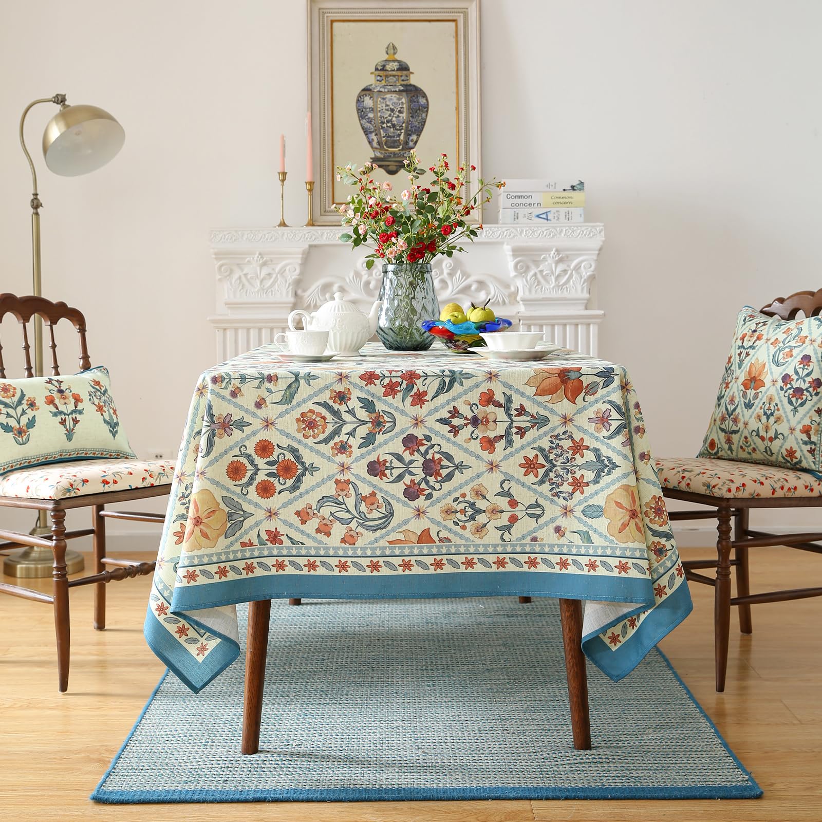 ISAENNE Designer Elegant Linen Rectangular Tablecloth,110"x63"-Floralsea A