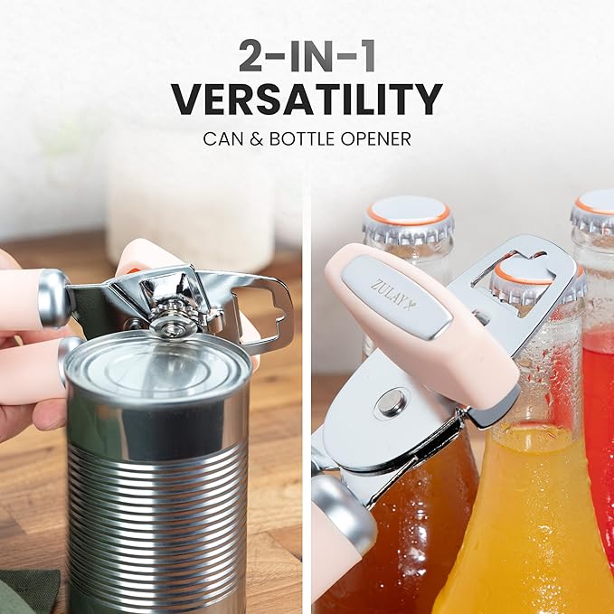 Zulay Kitchen Heavy Duty Stainless Steel Can Opener Manual with Bottle Opener - Rust Proof Manual Can Opener With Turn Knob & Comfy Soft Grip Handles - Apricot Peach