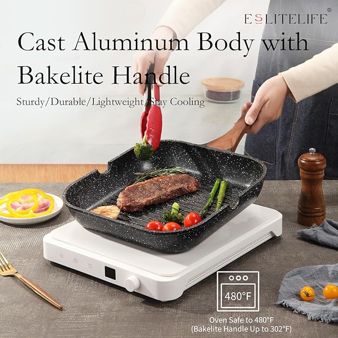 ESLITE LIFE Nonstick Grill Pan with Lid & Tongs for Stove Tops, 9.5 Inch Versatile Square Big Grilling Skillet Steak Pan with Pour Spouts for Indoor & Outdoor Cooking, PTFE & PFOA Free, Black