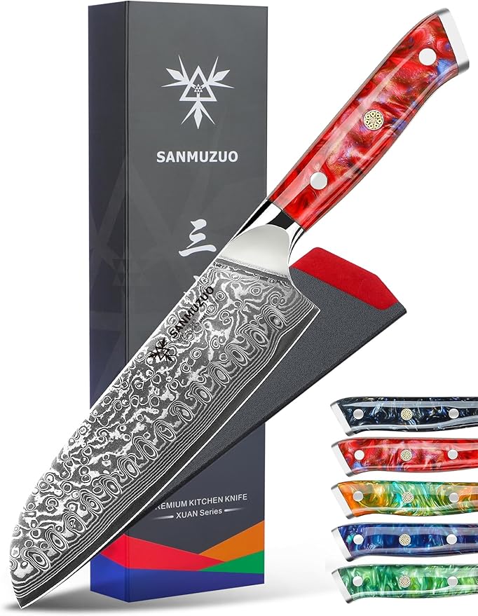 SANMUZUO Santoku Knife - 7 inch - Xuan Series - VG10 Damascus Steel Kitchen Knife - Resin Handle (Sunset Red)