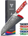 SANMUZUO Santoku Knife - 7 inch - Xuan Series - VG10 Damascus Steel Kitchen Knife - Resin Handle (Sunset Red)