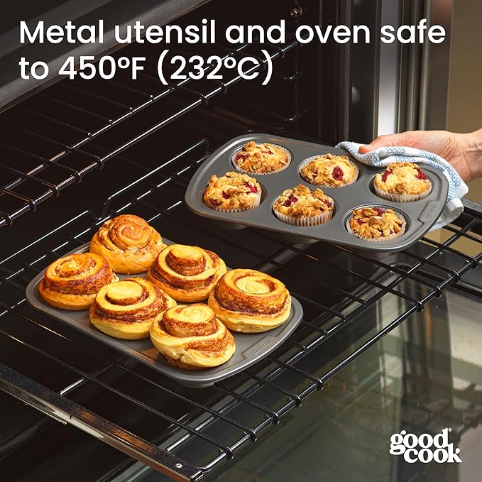 GoodCook Set of 2 Everyday Nonstick Steel Muffin Pan, 6-Cup, Gray