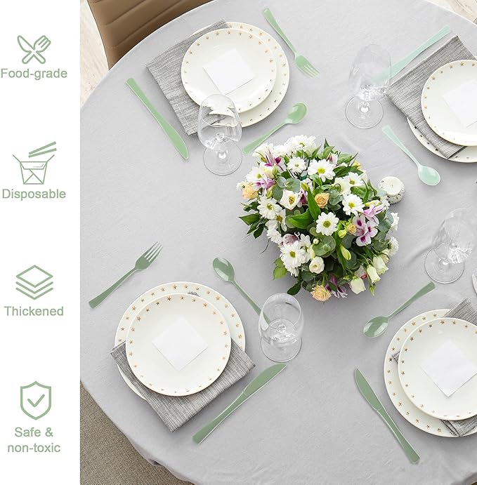 Kochorie 300 Pieces Sage Green Plastic Silverware with Spoons Forks Knives