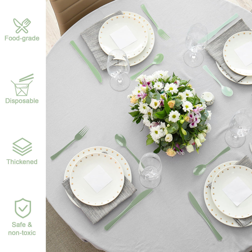 Kochorie 300 Pieces Sage Green Plastic Silverware with Spoons Forks Knives