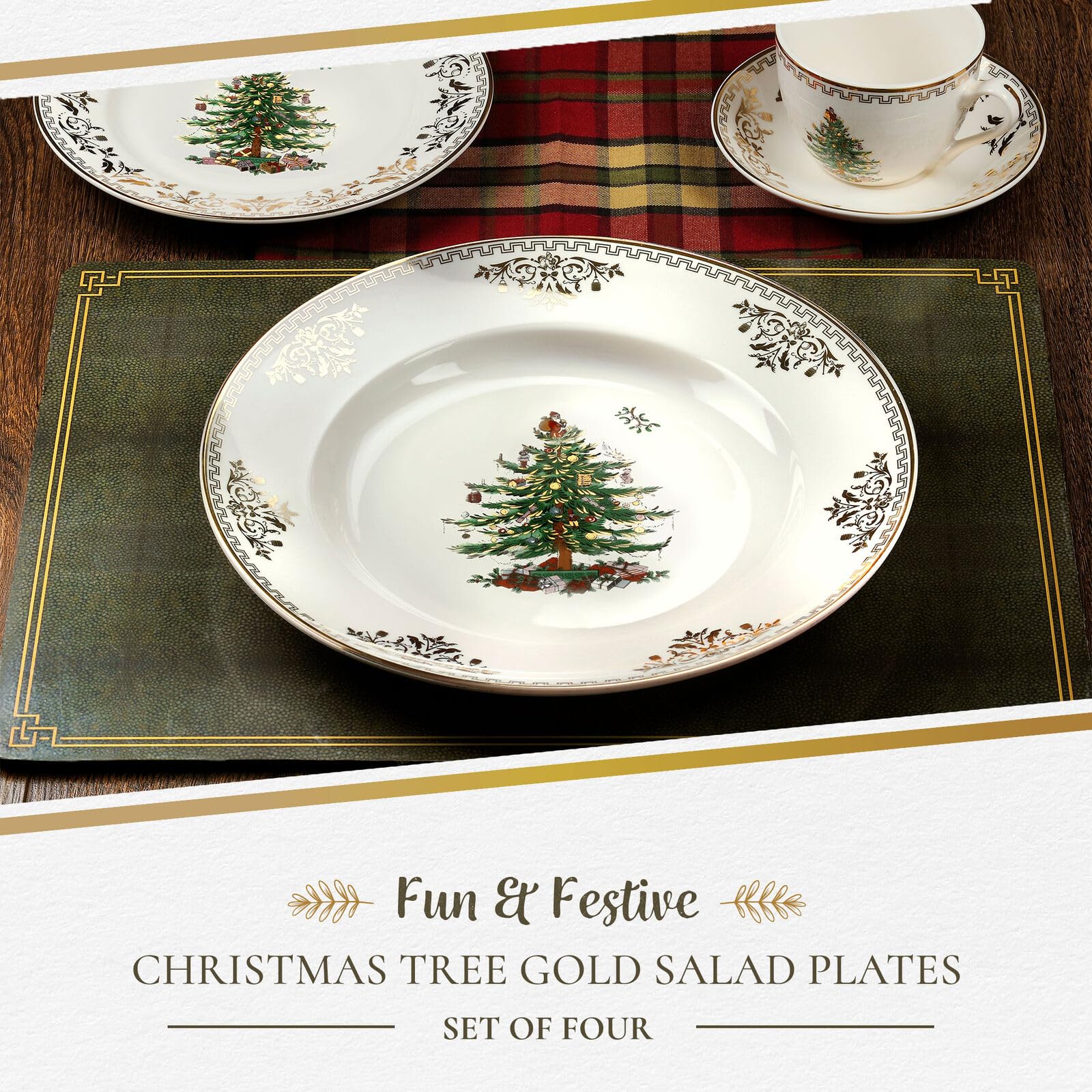 Spode Christmas Tree Gold Salad Plates, Set of 4 - Holiday Dinnerware