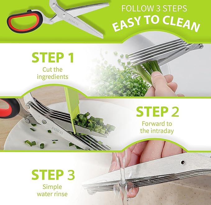 SASACIA Herb Scissors with 5 Blades & Cleaning Kit, Stainless Steel Kitchen Shears for Herbs, Lettuce, Cilantro, Dishwasher Safe, Soft-Grip Handle