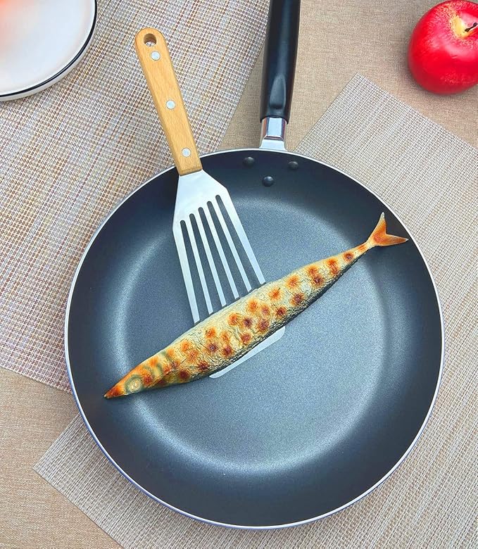KLAQQED Fish Spatula Set for Nonstick Cookware Flexible Metal Fish Spatula Stainless Steel Small Fish Slotted Spatula Turner with Wood Handle