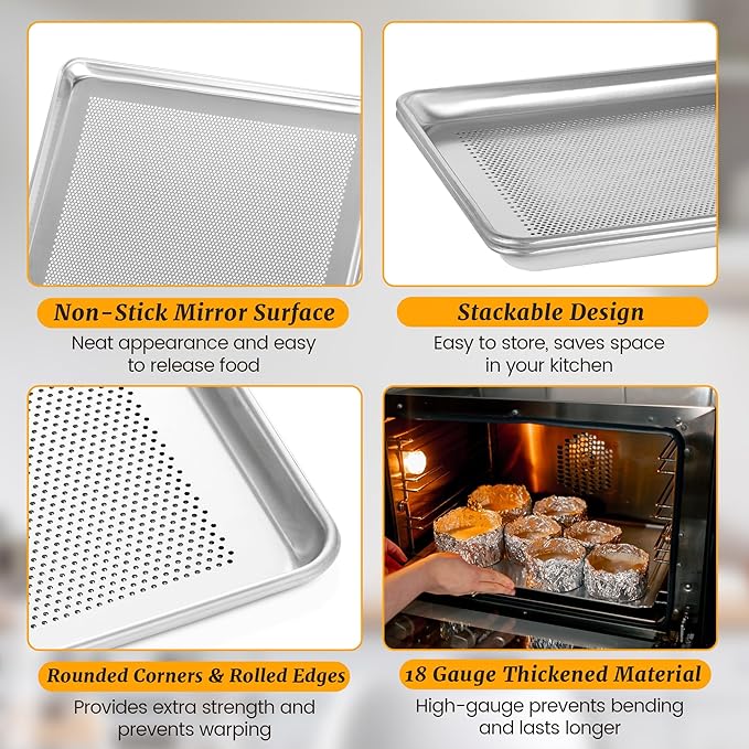 FSUON 6 Pack Half Size Perforated Aluminum Baking Sheet, 18 x 13 in