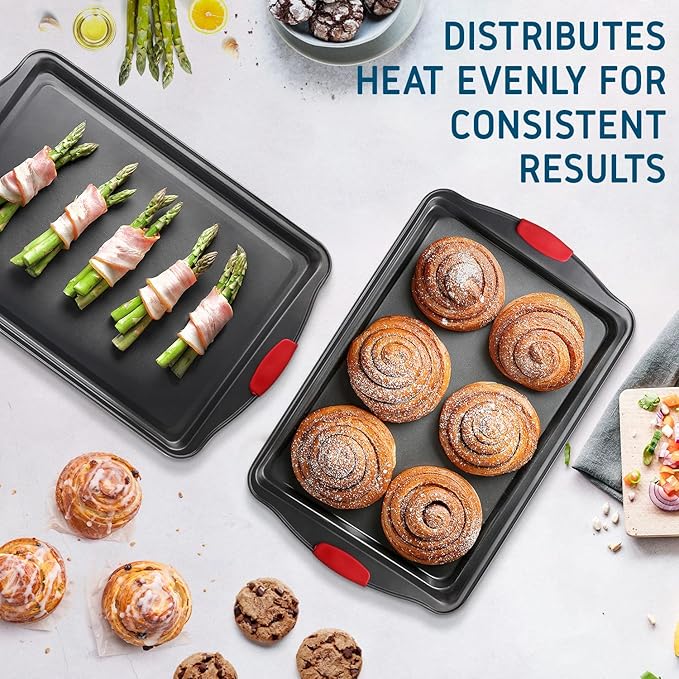 Eatex Nonstick Baking Sheet Set, 2-Piece Baking Pans Set with Silicone Handles, Carbon Steel Cookie Sheets for Baking Commercial Grade Quality Oven Tray, Large Half Sheet Pans for Baking
