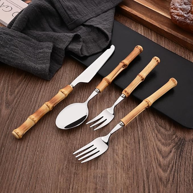 Uniturcky Dinner Knife Set with Bamboo Handle, 8-Piece Stainless Steel Shiny Silver Dinner Knives, Creative Design Table Knives for Home Restaurant, 8.74 inch, Handcrafted