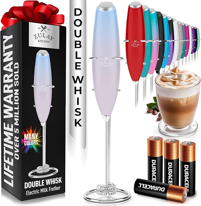Zulay Kitchen Powerful Milk Frother Wand With Duracell Batteries - Ultra Fast Handheld Drink Mixer - Electric Whisk Foam Maker for Coffee, Lattes, Cappuccino & Matcha - Double Whisk - Cloud