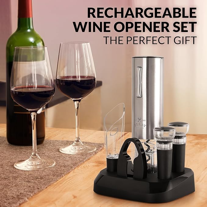 Zulay Kitchen Electric Wine Opener with Charging Base - Electric Wine Bottle Opener, Stainless Steel Wine Opener - Aerator Pourer, Foil Cutter & 2 Vacuum Stoppers - Silver