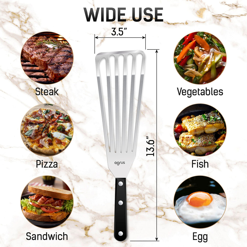 AGRUS Fish Spatula Stainless Steel, Large Size 13 inch, Blade 9 inch, Plastic Handle, Slotted Flexible Metal, Fish Turner Spatula