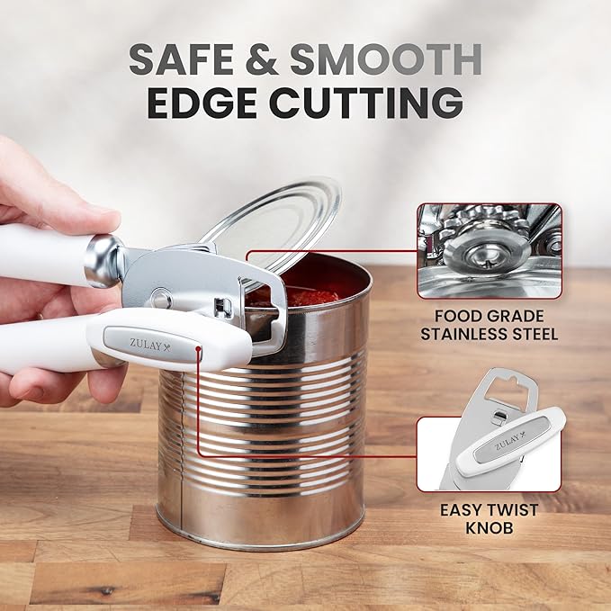 Zulay Kitchen Heavy Duty Stainless Steel Can Opener Manual with Bottle Opener - Rust Proof Manual Can Opener With Turn Knob & Comfy Soft Grip Handles - White