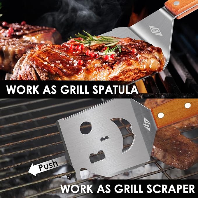 STEVEN-BULL S Heavy Duty BBQ Grill Tongs and Spatula for Outdoor Grill, 17” Long 5-in-1 Grill Spatula Comes with an 16” Long Locking Kitch Tongs, Best BBQ Gifts for Barbecue Grilling Master