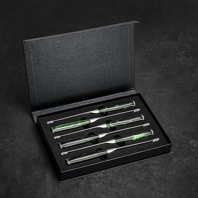 SENKEN Professional 6-Piece Steak Knife Set with Beautiful Engraved Pattern - Wasabi Collection - Razor Sharp Serrated High Carbon Steel & Emerald Green Resin Handle (6 Piece Steak Knife Set)