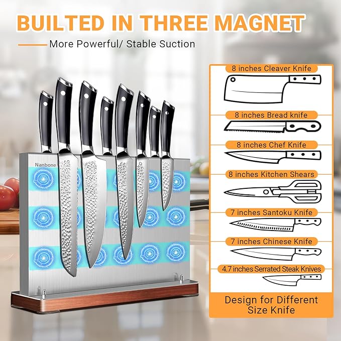 Magnetic Knife Block Stand Without Knives Double Sided Magnetic Knife Holder Rack for Kitchen Counter Stainless Steel Knife Magnetic Strip Display Stand Storage Organizer with Wood Base