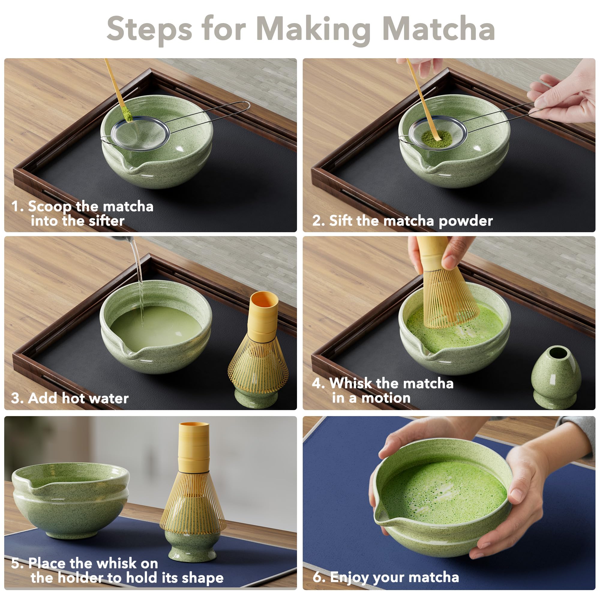 Matcha Whisk Set, Perfect Matcha Kit for Matcha Lovers Includes Ceramic Bowl, Bamboo Whisk, Holder, Scoop, Sifter & Cloth - 7 Pcs Matcha Kit