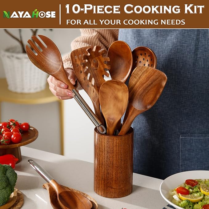 10PCS Teak Wooden Utensils Set With Holder & Spoon Rest, Stainless Handle