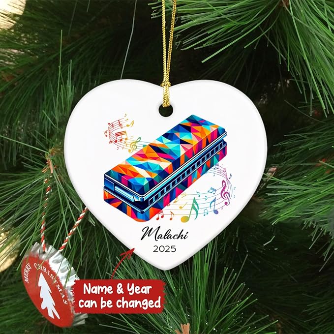 Harmonica Xmas Ceramic Ornaments 2026, Personalized Name & Year Harmonica Musical Ornament Gifts for Music Lovers, Instrumentalist Christmas Ceramic Ornaments Tree, Custom Musician Keepsake Ornament