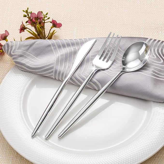 Rubtlamp 90Pcs Silver Plastic Silverware, Silver Plastic Utensils, Plastic Cutlery Include 30 Knives, 30 Forks and 30 Spoons, Silverware Heavy Duty For Party