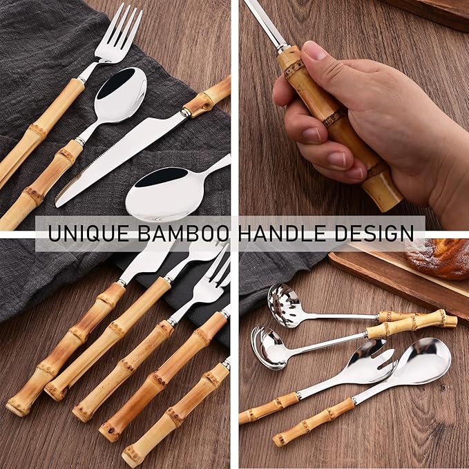 Uniturcky 30PCS Silverware Set for 6, Bamboo Handle Flatware Set, Stainless Steel Cutlery Set for Home Restaurant and Party, Bamboo Forks Spoons and Knives Set, Polished Tableware