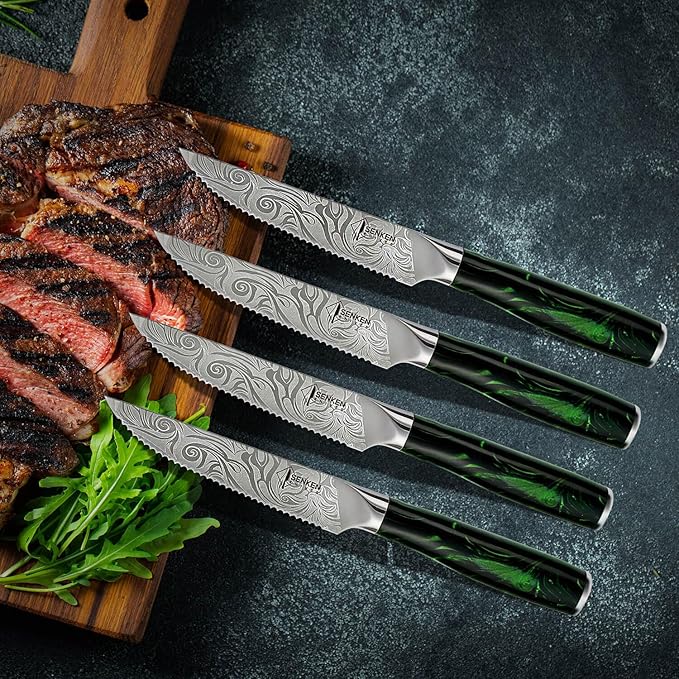 SENKEN Professional 6-Piece Steak Knife Set with Beautiful Engraved Pattern - Wasabi Collection - Razor Sharp Serrated High Carbon Steel & Emerald Green Resin Handle (6 Piece Steak Knife Set)