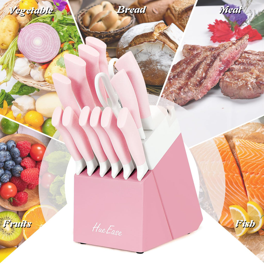 HueEase 14 Pieces Knife Set with Block, Ceramic White Coating, High Carbon Stainless Steel Sharp Blade Block Knife Set, Dishwasher Safe Cutlery, Colliding Pink