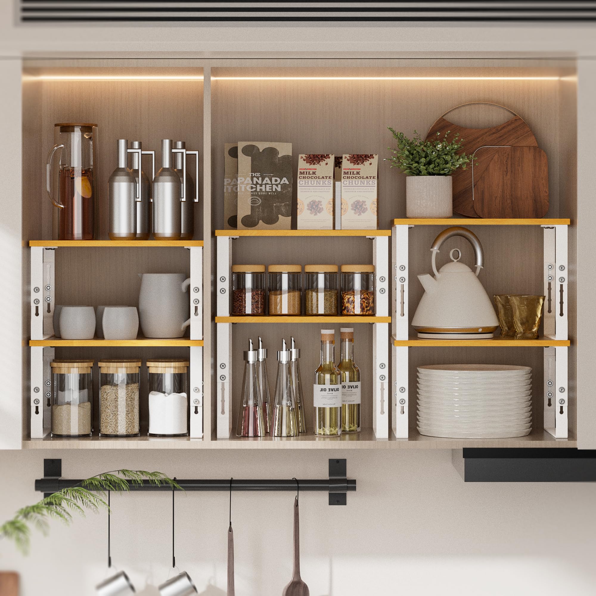 Wobmmi Kitchen Cabinet Organization Shelf，Set of 2 Height Adjustable Storage Racks，Stackable，Expandable，Countertop Shelves Organizer，Pantry Shelving（2PACKS/Medium/White