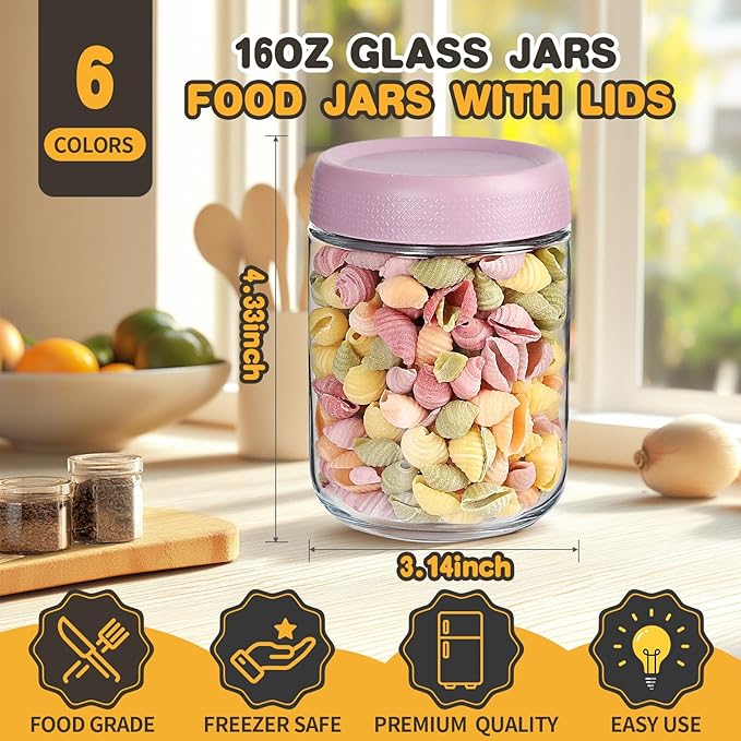 Yephets 16 oz Glass Jars with Airtight Lids, Wide Mouth Mason Jars, Glass Storage Containers for Fruit, Overnight Oats, Salad Dressing, Sauce, Cereal, Yogurt, Snacks (6)