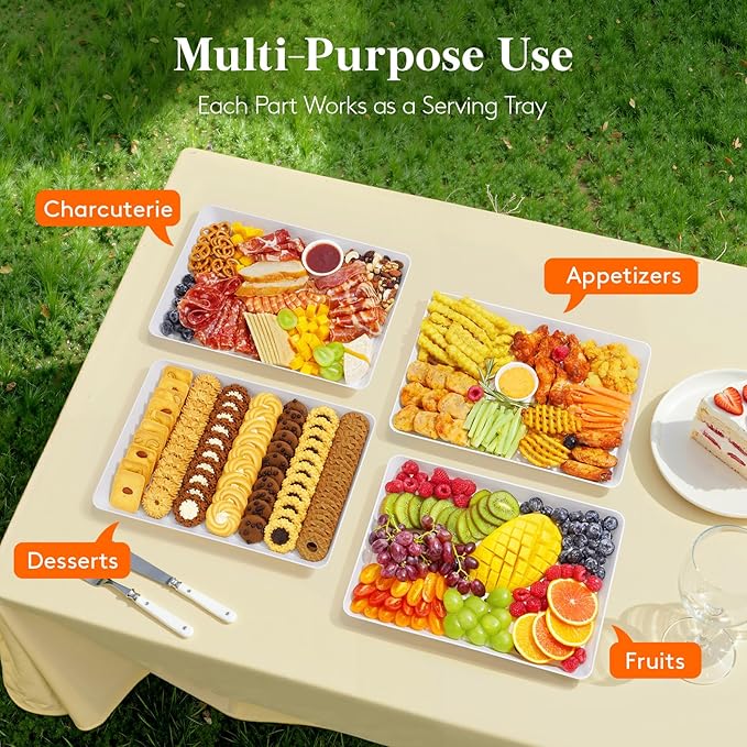 Lifewit 4 Pcs Serving Tray for Party Supplies, Reusable Plastic Food Serving Platter for Dessert, Snacks, Fruit, Cookies, Appetizers & Charcuterie, BPA-Free White Catering Trays for Buffets Display