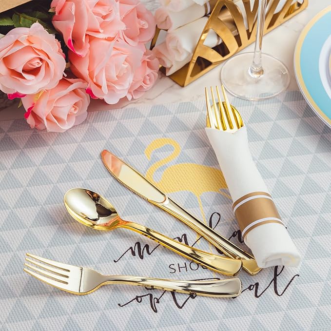 N9R 50 Pack Pre Rolled Gold Plastic Silverware with Napkins, Disposable