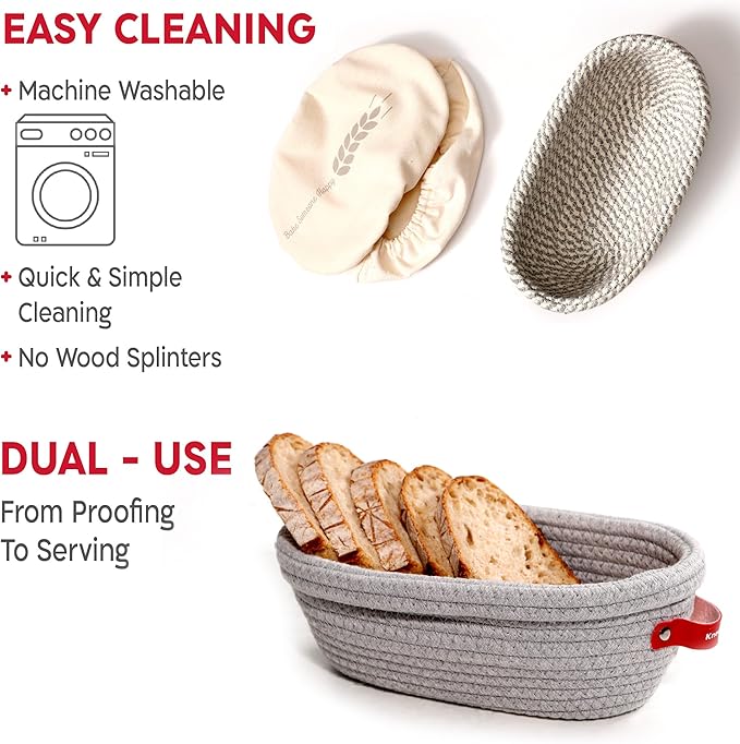 KneadAce Sourdough Starter Kit – 34oz Starter Jar, 2 Oval Banneton Proofing Baskets, Magnetic Bread Lame for Scoring – Gift for Bakers & Complete Sourdough Bread Baking Set