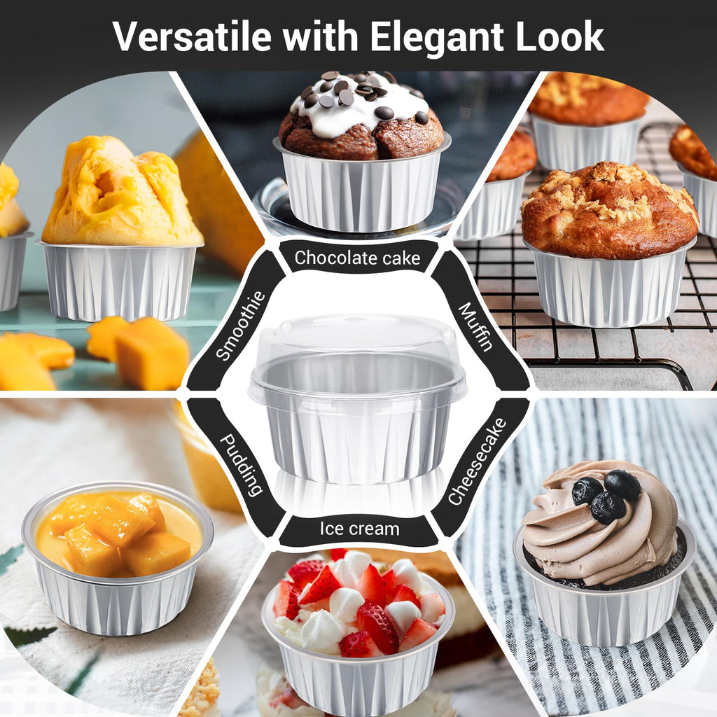 EUSOAR Aluminum Foil Baking Cups, 400pcs 5oz Disposable Mini Ramekins Cupcake Liners with Lids for Baking, Dessert Containers Aluminum Cheesecake Pan Creme Brulee Cup for Oven-Silver