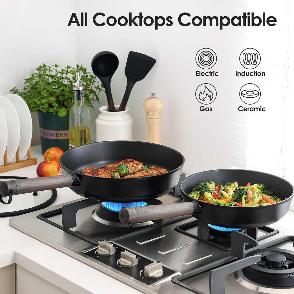 SENSARTE 15Pcs Nonstick Cookware Set Pots and Pans Set Kitchen Cooking Frying Pans with Stay-cool Handle, Dishwasher Safe, Induction Compatible, PFOA/PFOS Free, Black