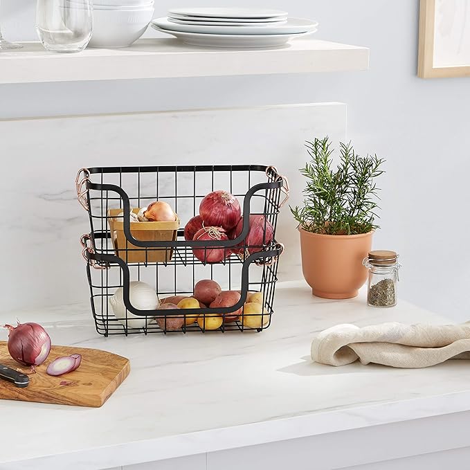 Amazon Basics Stackable Metal Wire Rectangular Storage Baskets for Kitchen, Bathroom or Pantry Organizing, 2 Count, Black