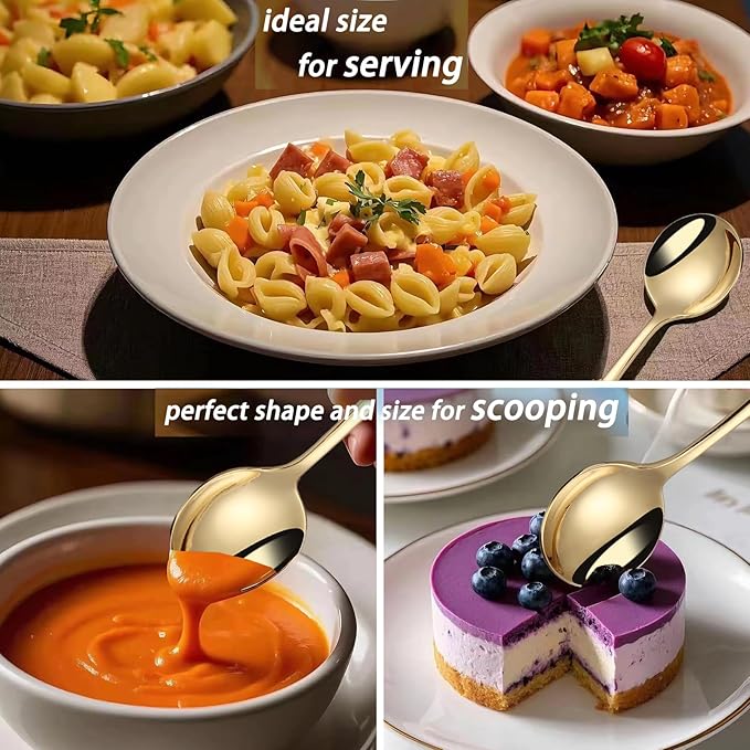 Mafier 7" Round Soup Spoons Set of 4,18/10 Stainless Steel Heavy Duty with Deep Bowl,Fine Mirror Polished,Dishwasher Safe(Gold)