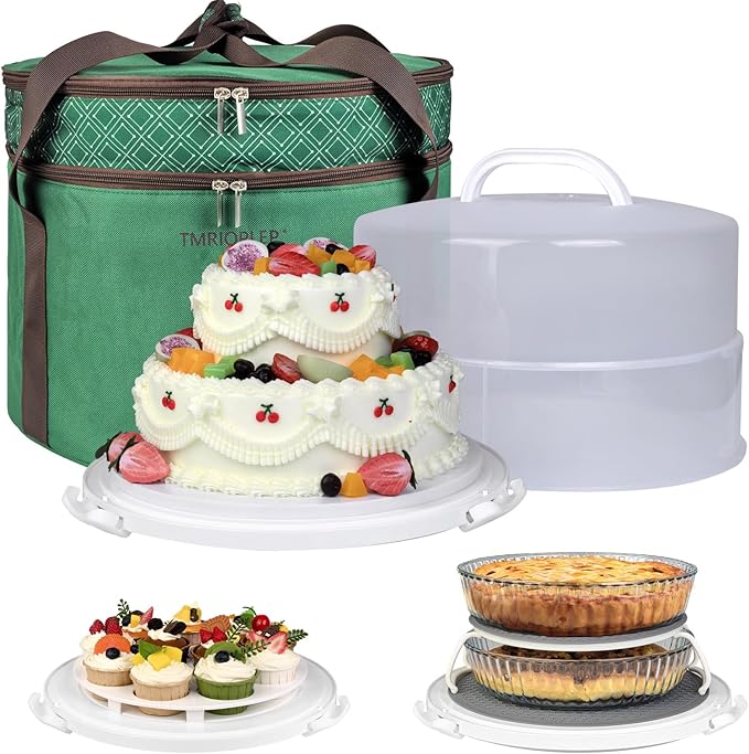 Tmrioplep 12 Inch Cake carrier Container with Lid and Handles Includes Insulated Bag for Safe Transportation of Buttercream Doesn't Melt Easy for Cakes, Pies and Cupcakes (Green)