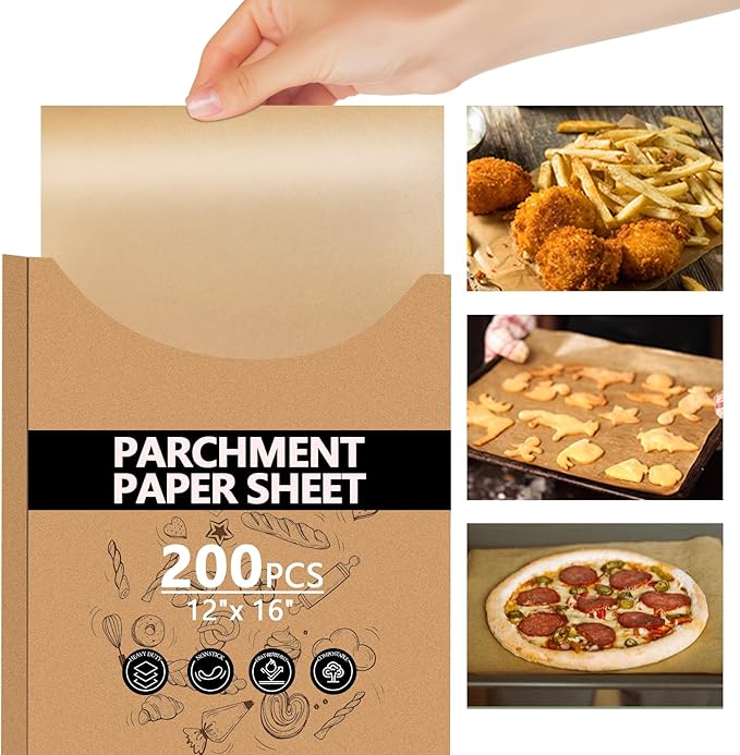 200PCS Thickened Parchment Paper, 12×16 In Heavy Duty & Non-Toxic Unbleached Parchment Baking Paper, Parchment Paper Sheets for Bread Making, Pastry Baking, Daily Kitchen Use, No Cut Needed (Brown)