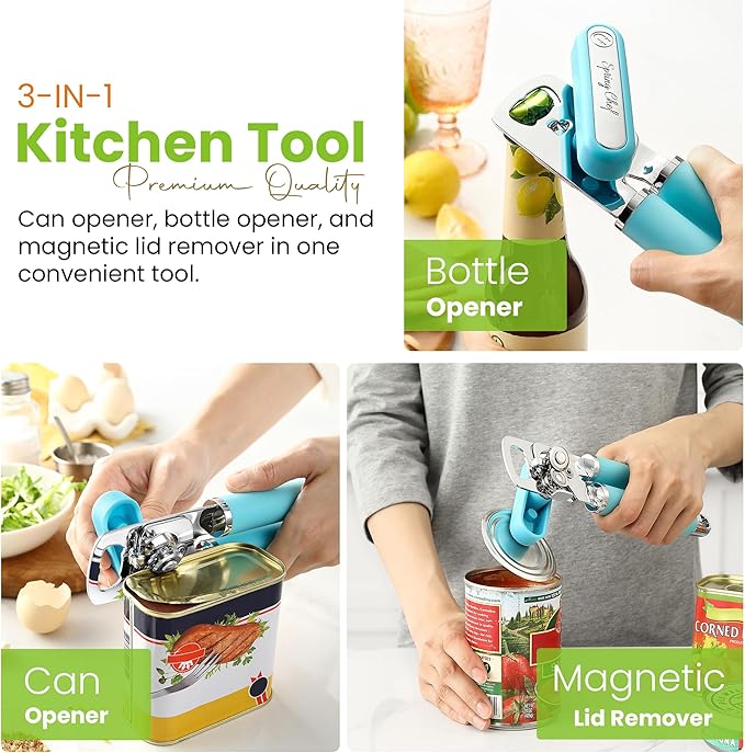Spring Chef Stainless Steel Manual Can Opener w/Soft Grip Handle, Aqua Sky