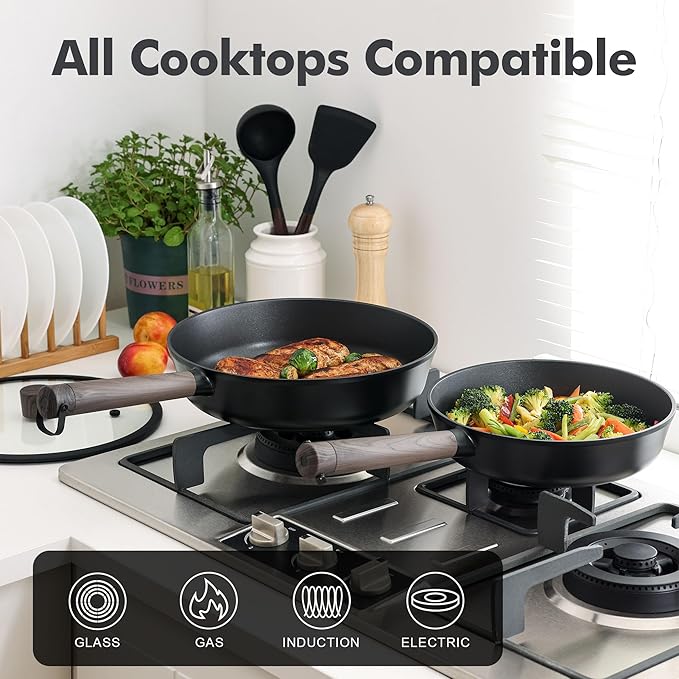 SENSARTE 15Pcs Nonstick Cookware Set Pots and Pans Set Kitchen Cooking Frying Pans with Stay-cool Handle, Dishwasher Safe, Induction Compatible, PFOA/PFOS Free, Black