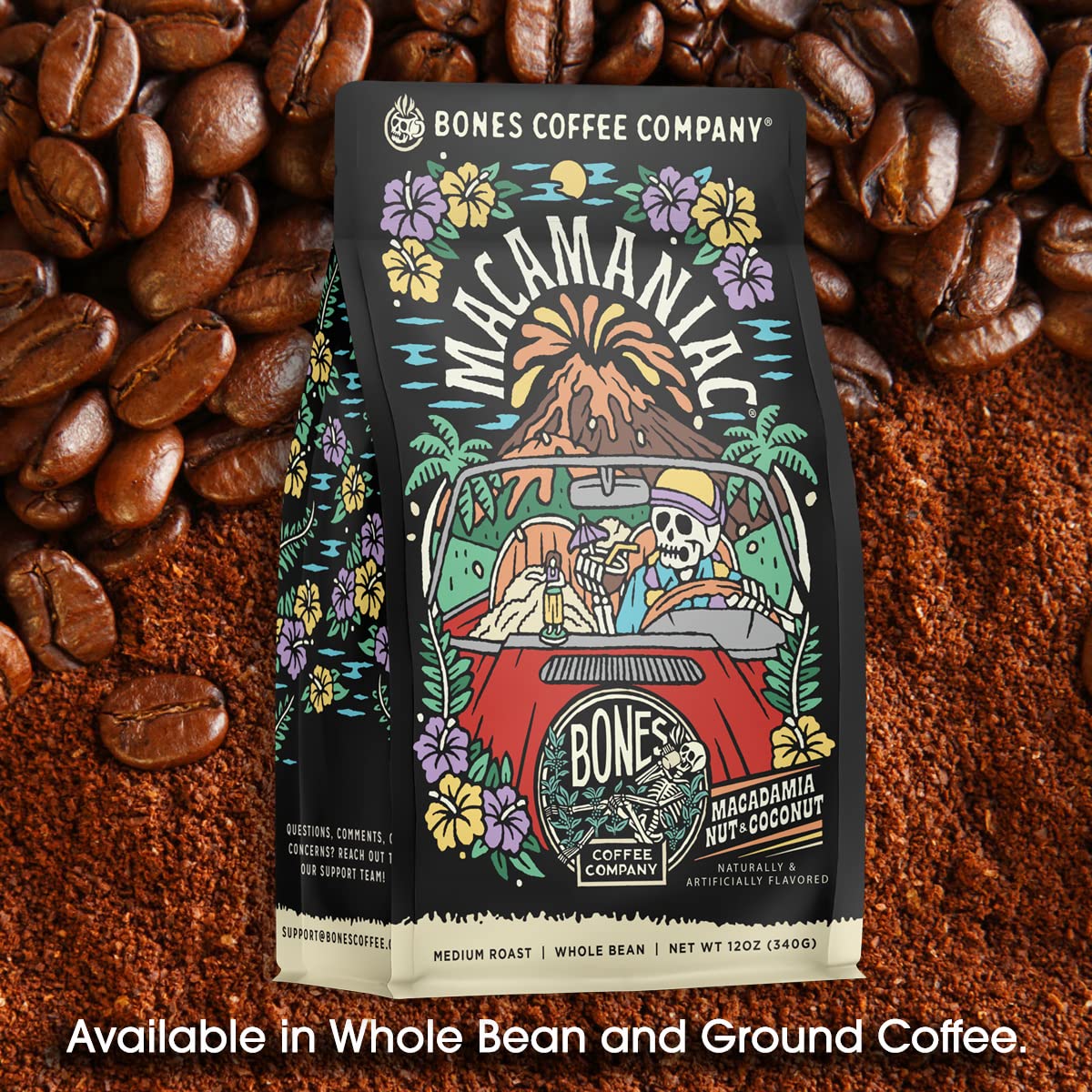 Bones Coffee Company Macamaniac, Macadamia and Coconut Flavored Coffee, Medium Roast Low Acid Arabica Beans Compatible with Auto drip and French Press Coffee Maker, 12 Oz Ground