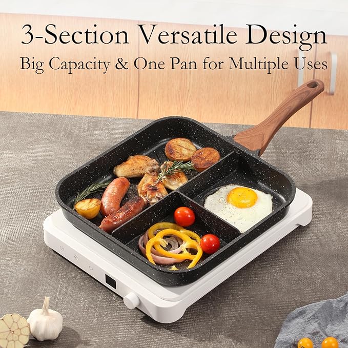ESLITE LIFE Nonstick Divided Grill Pan with Lid & Tongs for Stove Tops, 11 Inch Versatile 3-In-1 Breakfast Pan, Square Big Grilling Steak Pan for Indoor & Outdoor Cooking, PTFE & PFOA Free, Black