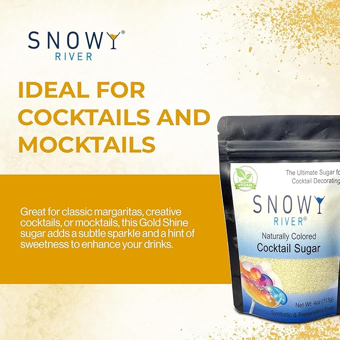 Snowy River Natural Cocktail Sugar Rimmer - Kosher Certified Naturally Colored Beverage Rimming Sugar for Cocktails, Margaritas, Drinks (Gold Shine, 4 Ounce)