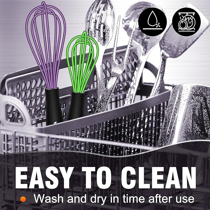 Walfos Whisk,5+7Inch Mini Whisks,Silicone Non Scratch whisk,Heat Resistant(480°F) Small whisks Suitable for stirring individual eggs and mixing small amounts of powder and sauce. Purple & Green