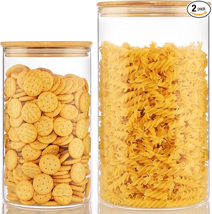 Large Glass Storage Containers with Bamboo Lids for Flour & Sugar, 2 Pack